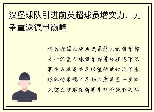 汉堡球队引进前英超球员增实力，力争重返德甲巅峰
