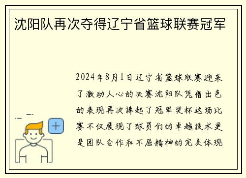 沈阳队再次夺得辽宁省篮球联赛冠军